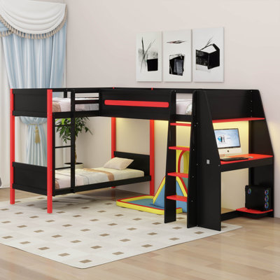 Lit superposé triple en L avec bureau, lit mezzanine simple en forme de L avec lumières DEL, tablettes de rangement, lit superposé triple en bois