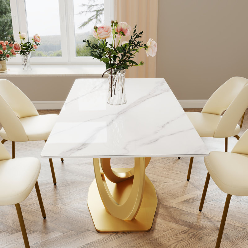 Modern Rectangular Sintered Stone Dining Table with Pedestal Base, White, 29.53” H x 63” L x 31.49” W