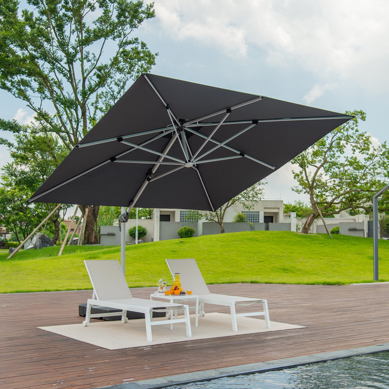 Sadi 12' x 12' Square Outdoor Cantilever Umbrella with Solar Lights and Base, Gris