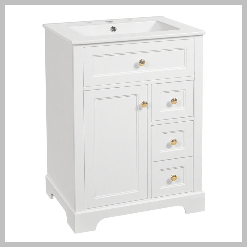 Meuble-lavabo blanc 24 po avec lavabo, panneau de fibres à densité moyenne et fabrication en bois de pin, 3 tiroirs et armoire avec support de rangement à 2 niveaux, porte et tiroirs à fermeture en douceur, conception moderne pour les petites et moyennes salles de bain