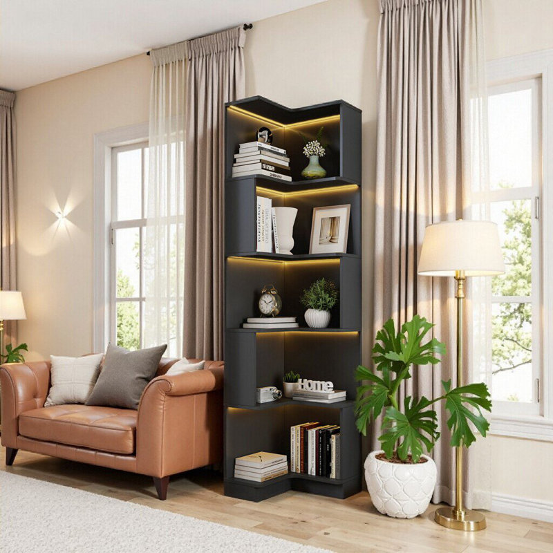 5-Tier L-Shaped Corner Bookshelf With LED Lighting & Baffle, Black