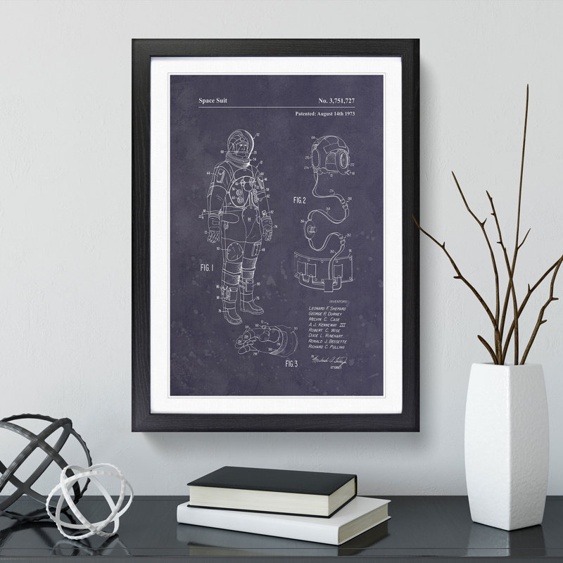 Space Suit Patent Dark - Single Picture Frame Print on Wood, Black Framed, 90cm H x 65cm W x 2cm D