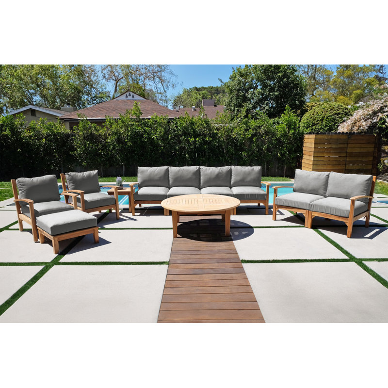 Huntington Outdoor 7 - Piece Teak Conversation Set, Table, Deluxe SF, LS, Ottoman, 2 Chairs, E-Table, Granite Sunbrella®