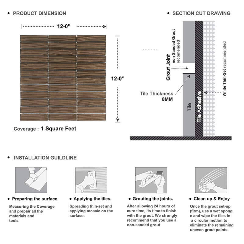 1" x 4" Glass Grid Mosaic Tile, Brown