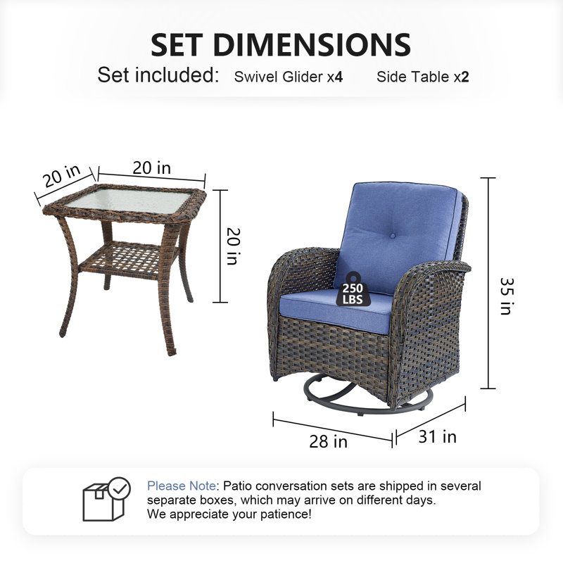Ensemble de conversation pour patio en osier de 6 pièces avec chaise pivotante et coussins Braxleigh, Bleu