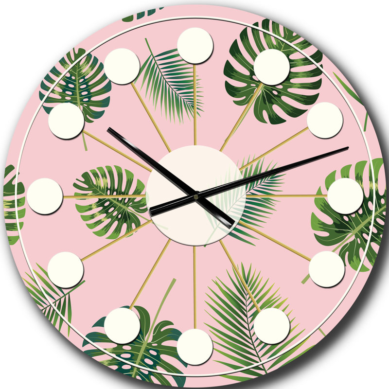 Motif de feuilles de palmier tropical. - Horloge murale moderne Mid-Century, Grand