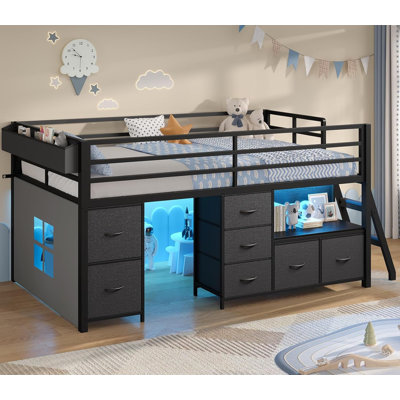 Low Loft Bed With 7 Storage Drawers, Bookcase And Led Lights, 14" H Safety Guardrail,inclined Ladder And Play Curtain, Black