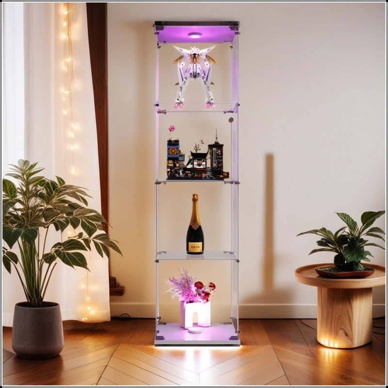 Lighted 4-Shelf Glass Display Cabinet With One Door, For Showcasing Collectibles And Enhancing Room Decor., White