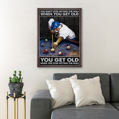 «Old Man Plays Billiard - You Don't Stop Hitting The Hole», toile tendue avec châssis - Sport Illustration décor, décor de salon noir et blanc