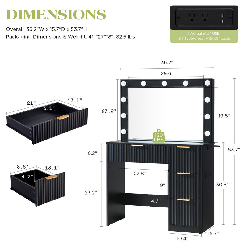 36.2" W Modern Vanity Desk With 4 Drawers, Led Lighted Mirror & Power Outlets, Black, Black