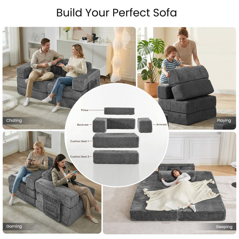 Sisler 71" Boneless Sofa Upholstered Corduroy Couch Sleeper, Gray Corduroy