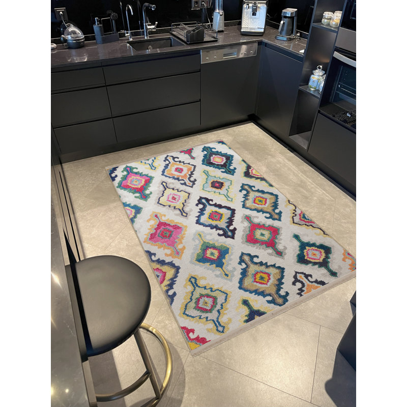 Multi-Colored Mixed Shape Motif Abstract Patterned Fringed Vintage Decorative Rug, Rectangle 4'7.12" x 6'6.74"