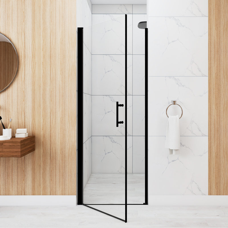 28"X 72" Pivot Shower Door | Matte Black Aluminum Frame | Half Frame | 1/4 Inch Tempered Glass With Explosion-Proof Film | Stainless Steel Handle