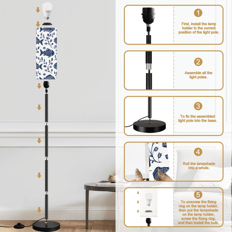 Lampe sur pied à rallonge bleue à motif de feuilles de poisson blanc à intensité variable moderne avec télécommande et interrupteur au pied