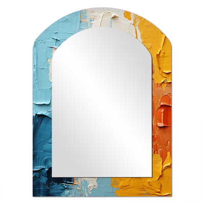 Southern Sensitivity Bold Blue Yellow Orange - Abstract Painting Arch Mirror, Beige Asymmetrical Decorative Wall Mirror, Printed Metal Art