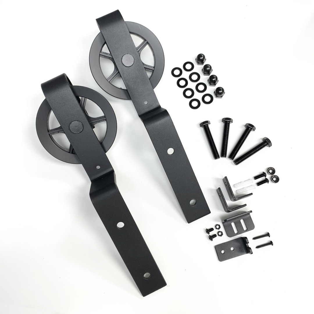 Black Rustic Bent Spoke Wheel Design Roller Set For Single Track Bypass Outer Door Use Only (Set of 2) Homacer