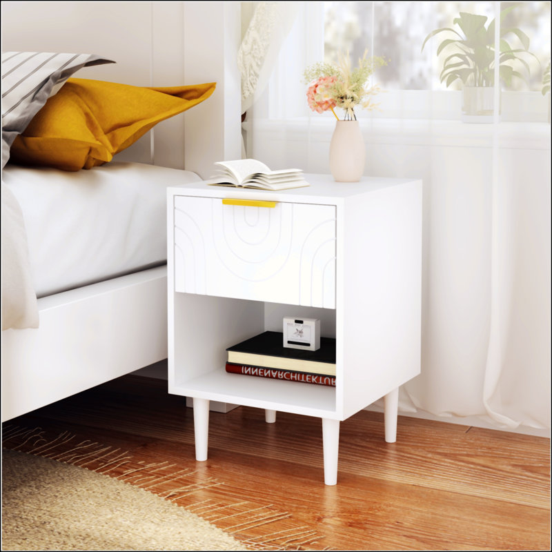Table de chevet blanche moderne avec tiroir et tablette ouverte 22,83 po H