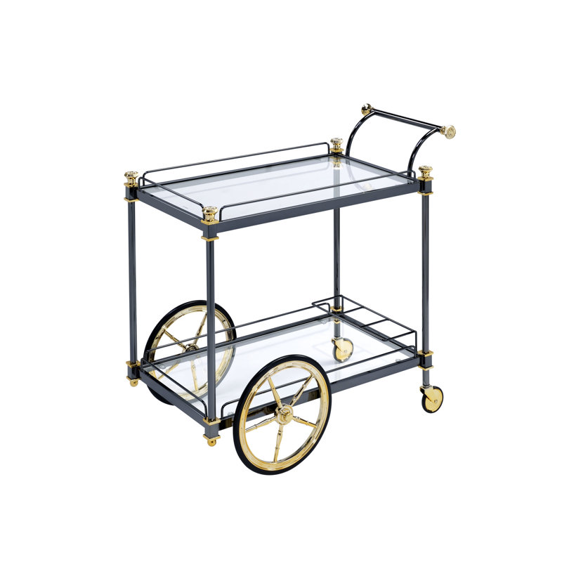 Chariot de service rectangulaire en verre et en métal - décorations noires / dorées, rangement pour accessoires de vin transparent et fini 2 tablettes pour apéritifs, cadre, porte-bouteilles, mobile avec roulettes