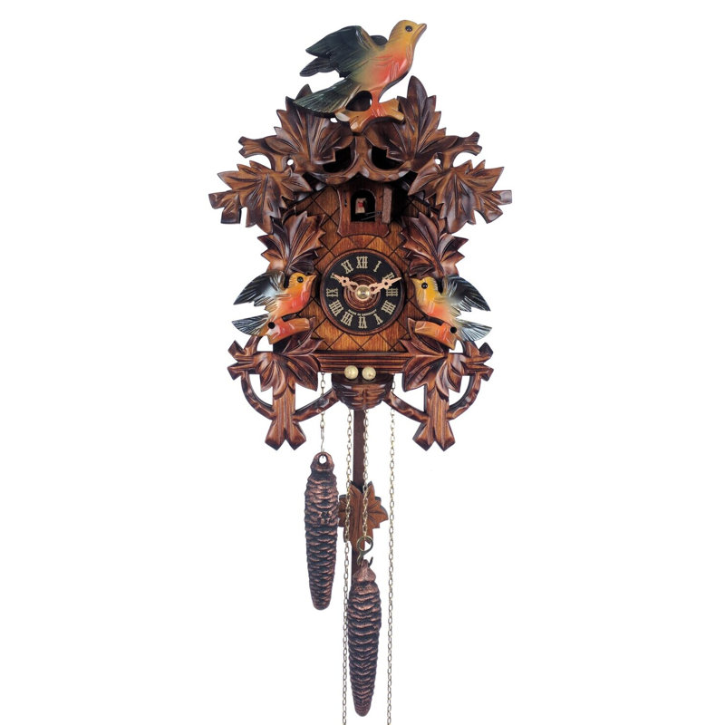  German Cuckoo Wall Clock Eight Painted Leaves Three Birds 10.5" H