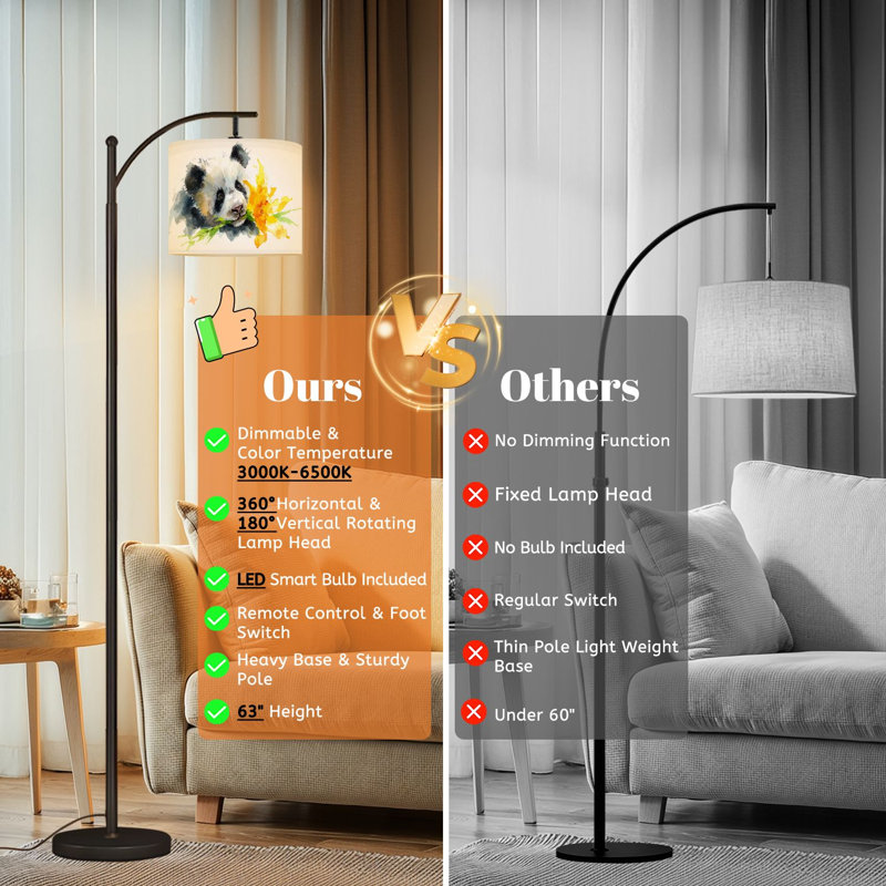 Lampe sur pied à arc avec abat-jour réglable Mignon bébé panda jouant une fleur de style chinois, lampe sur pied 3 températures de couleur à intensité variable, grand mât avec interrupteur au pied pour la chambre à coucher