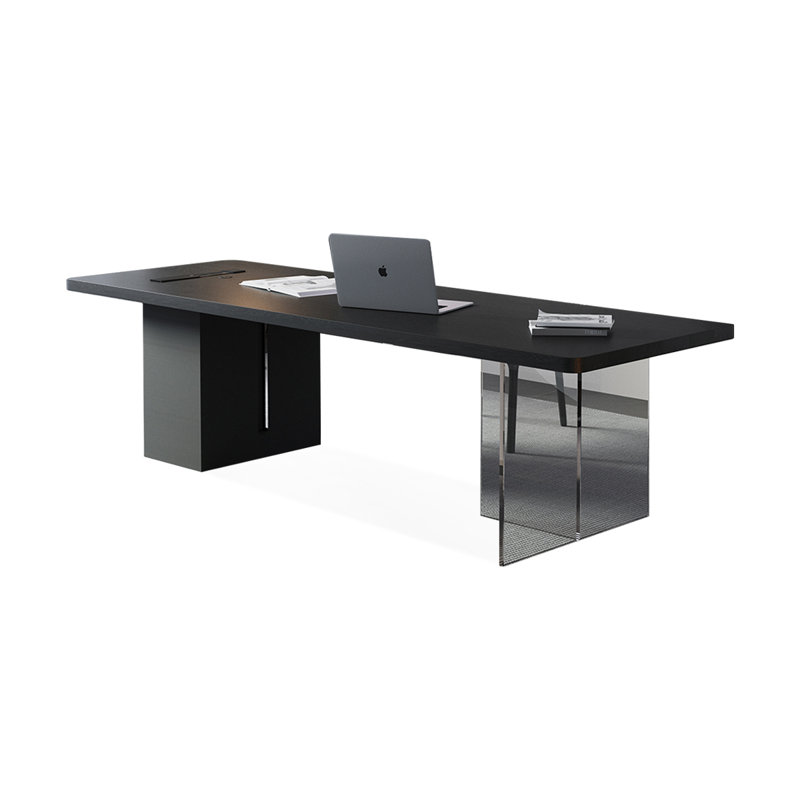 Bureaux rectangulaires noirs en bois massif avec 1 tiroir, H 29,53 po x l 94,49 po x P 31,5 po, Retour à droite