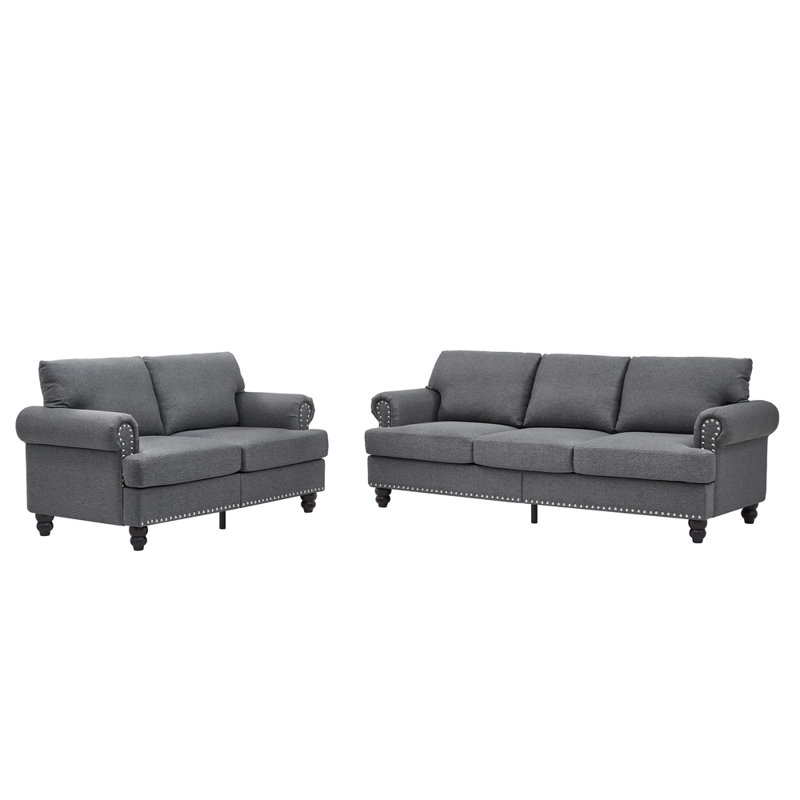 Canapé de salon moderne en polyester 2 + 3 places - canapé de salon avec accoudoirs ronds et garniture cloutée argentée (gris)
