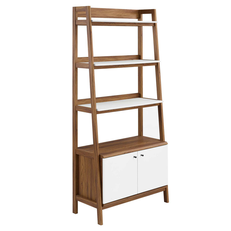 Walnut White 71" Tall Ladder Bookshelf with Concealed Storage