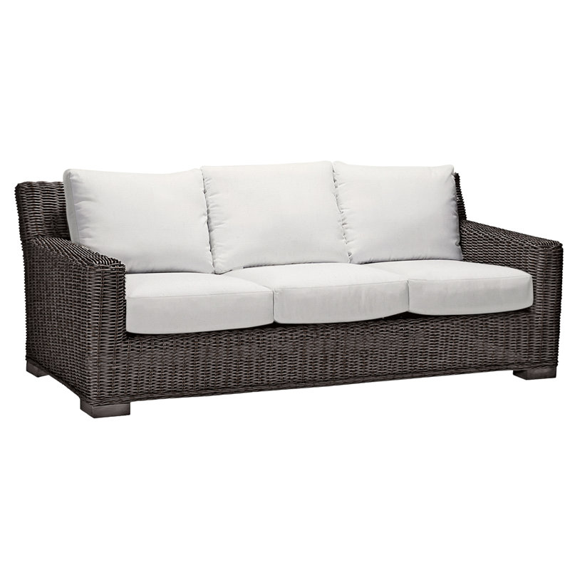 Rustic 81.25" Wide Outdoor Wicker Patio Sofa with Cushions, Welt, Black Walnut, Natural White