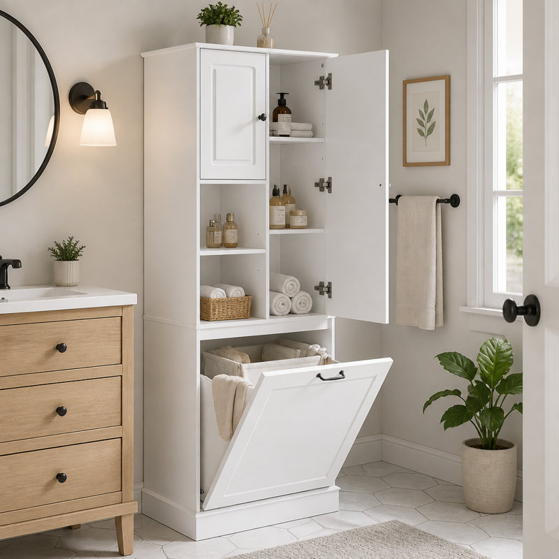 Tall Storage Cabinet With Adjustable Shelves, Large Flip-Out Basket & Enclosed Cabinets – Perfect For Bathroom, Living Room, Or Office, MDF Material With Aluminum Alloy Handles