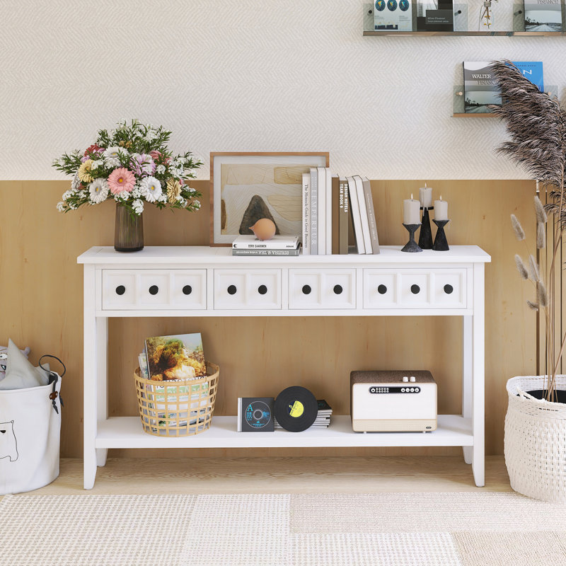 Console 60,00 "avec deux tiroirs de taille différente et une tablette inférieure, Blanc antique