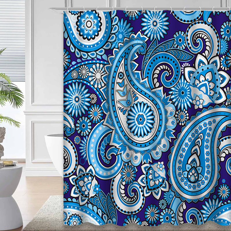Rideau de douche traditionnel asiatique à motif cachemire bleu avec 12 crochets, L 72 po x l 78 po