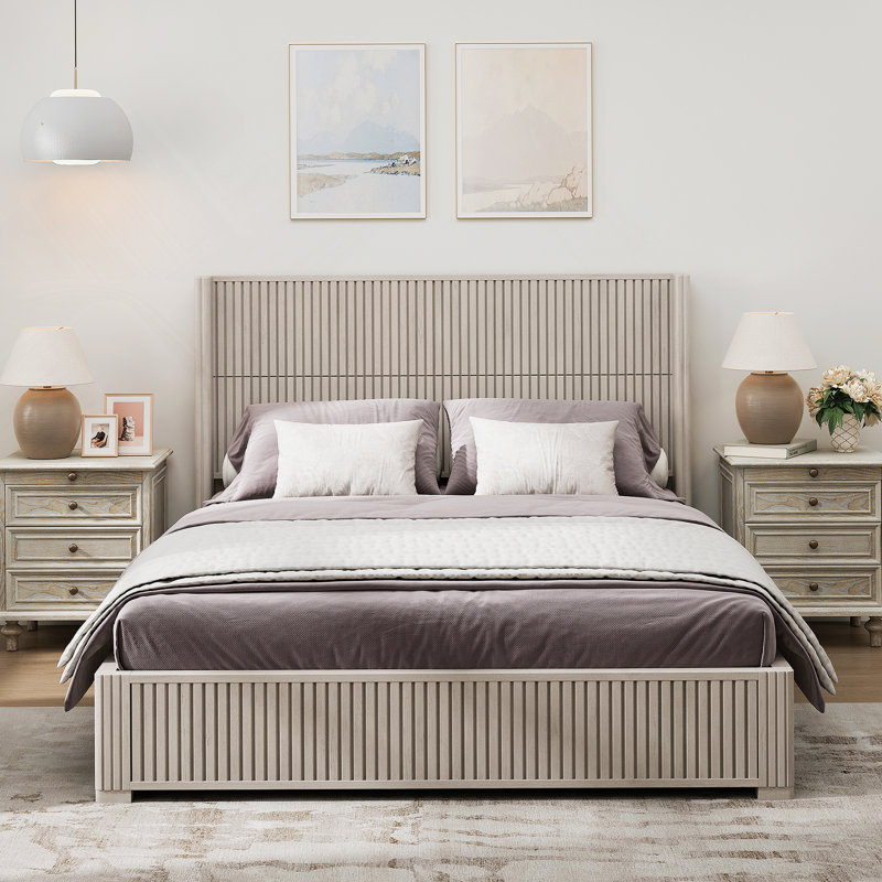 Structure de lit plateforme en bois avec tête de lit, Beige, Grand lit
