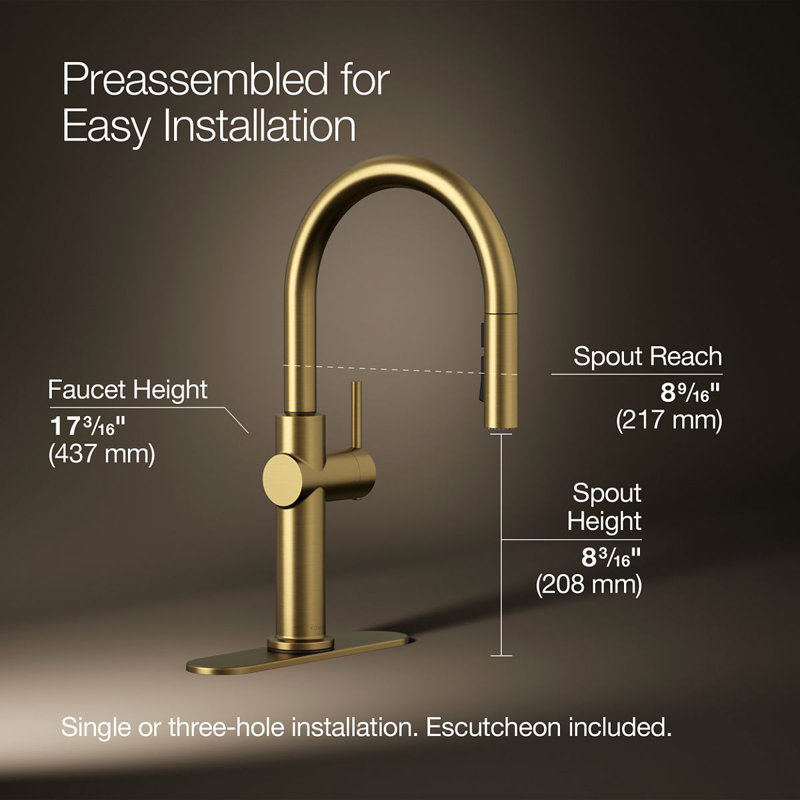 Kohler Crue Single Handle Pull Down Kitchen Faucet with Three-Function Pull Down Sprayer, Brass