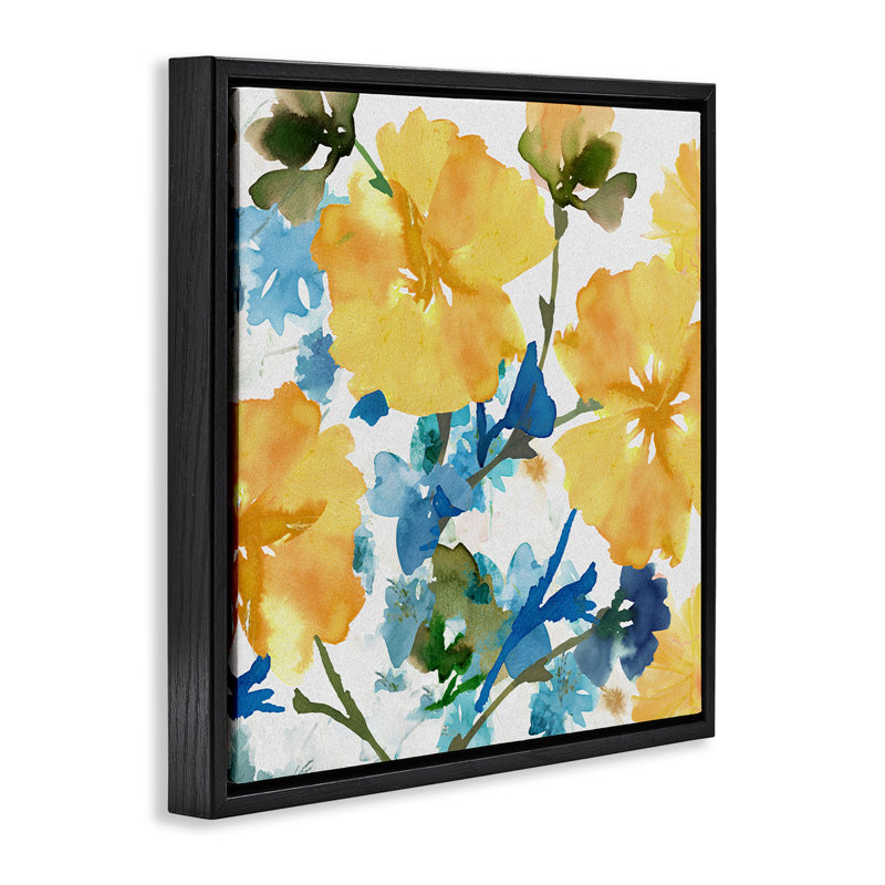 Hibiscus jaune et bleu, Cadre flottant noir de jais, H 25 po x l 25 po