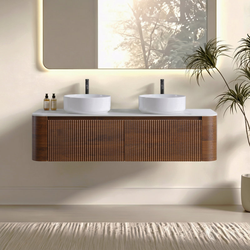 Meuble-lavabo de 60 po avec lavabo, armoire murale en noyer avec porte-serviettes gratuit, conception de deux lavabos en céramique blanche, sans drain ni robinet, pré-assemblé