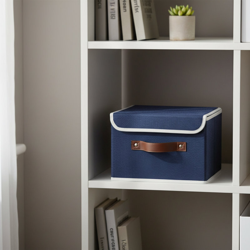 Large Blue Lidded Storage Box, PU Leather Handle, Linen Fabric PP Board Home Storage, Blue, 10" H x 15.05" W x 10" D