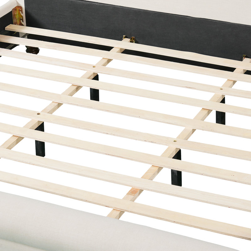 Lit plateforme tapissier avec tête de lit épaisse et pieds en bois massif Guinel, Beige, Très grand lit