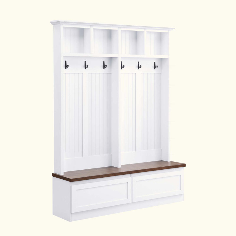 Farmhouse 4-In-1 Hall Tree With Wood Grain Bench, Mudroom Versatile Coat Rack With 2 Large Drawer, Entrance Organizer For Hallway, Living Room