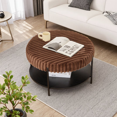 31" Round Upholstered Ottoman With Open Shelf & Metal Legs – Faux Fur Footrest Coffee Table For Living Room