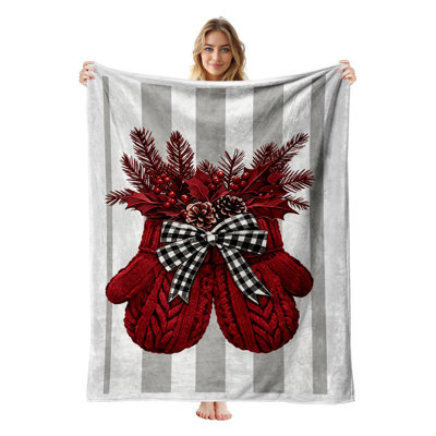 Plaid de Noël en flanelle polaire JYK, léger, respirant, doux et chaud en microfibre pelucheuse, 102 x 127 cm, avec nœud papillon et mitaines tricotées.