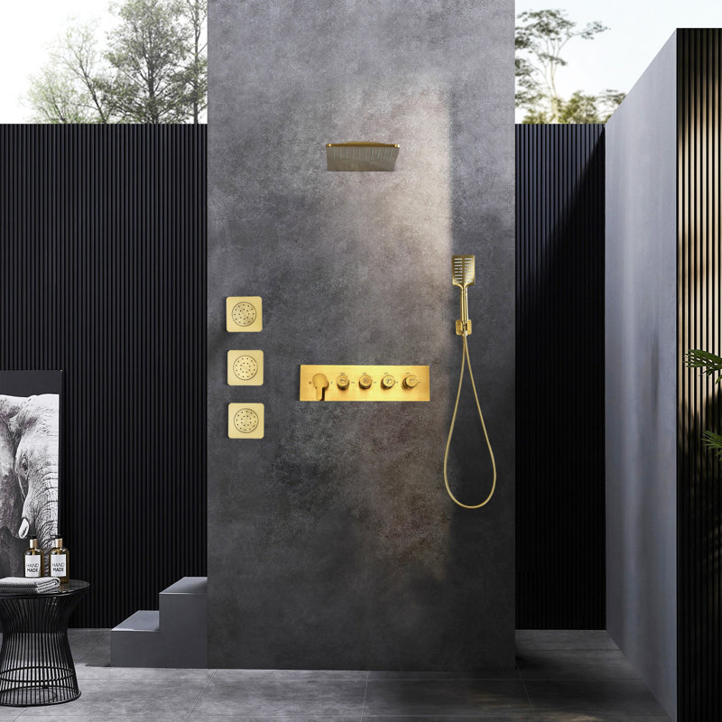 Wall Mounted Waterfall Rain Shower System With 3 Body Jets And Handheld Shower Set, Brushed Gold