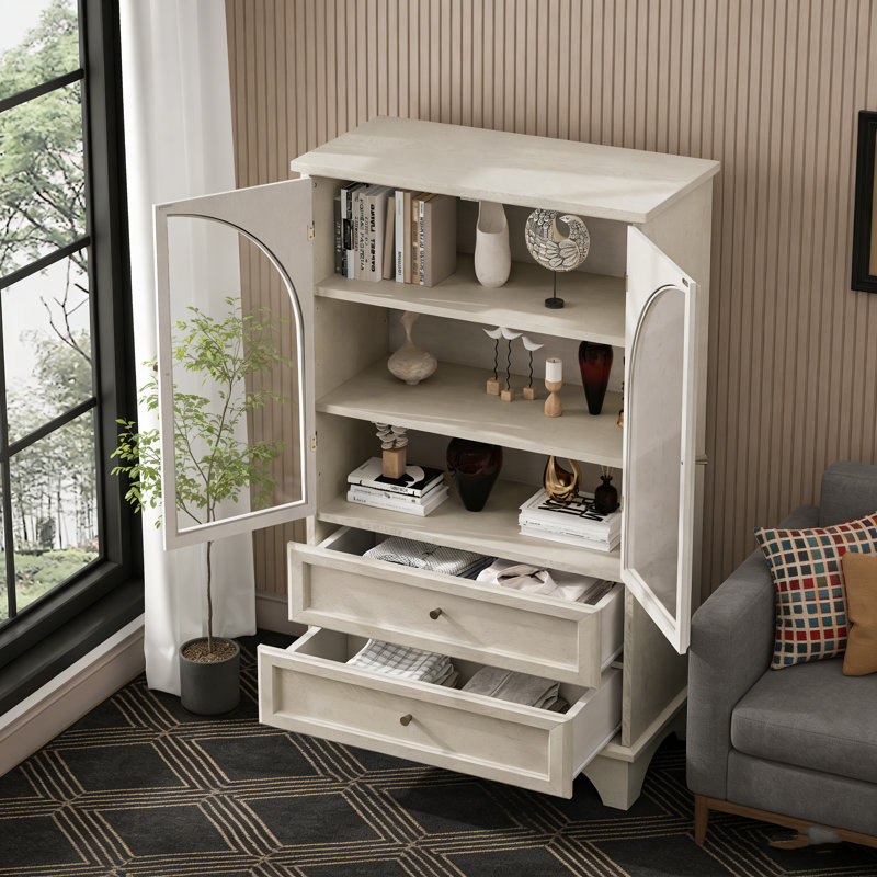 52.17 Inch H Glass Door Display Lilliam with Adjustable Shelf and Drawers for Versatile Home Storage, White