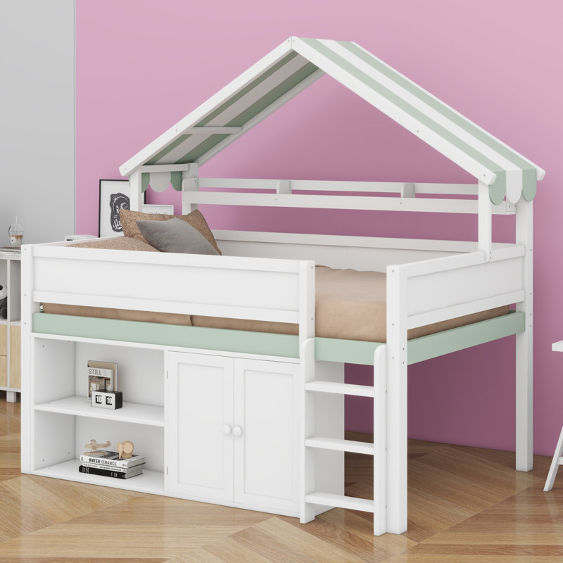 Lit mezzanine avec armoire de rangement spacieuse Dreamy, Blanc et vert