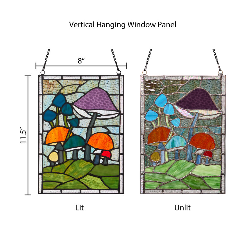 11.5"H Tiffany-Style Mushrooms Stained Glass Window Panel