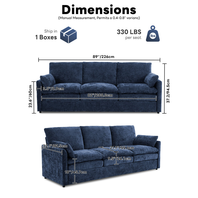 Drago 89'' W Modern Square Arm Upholstered Sofa, Blue