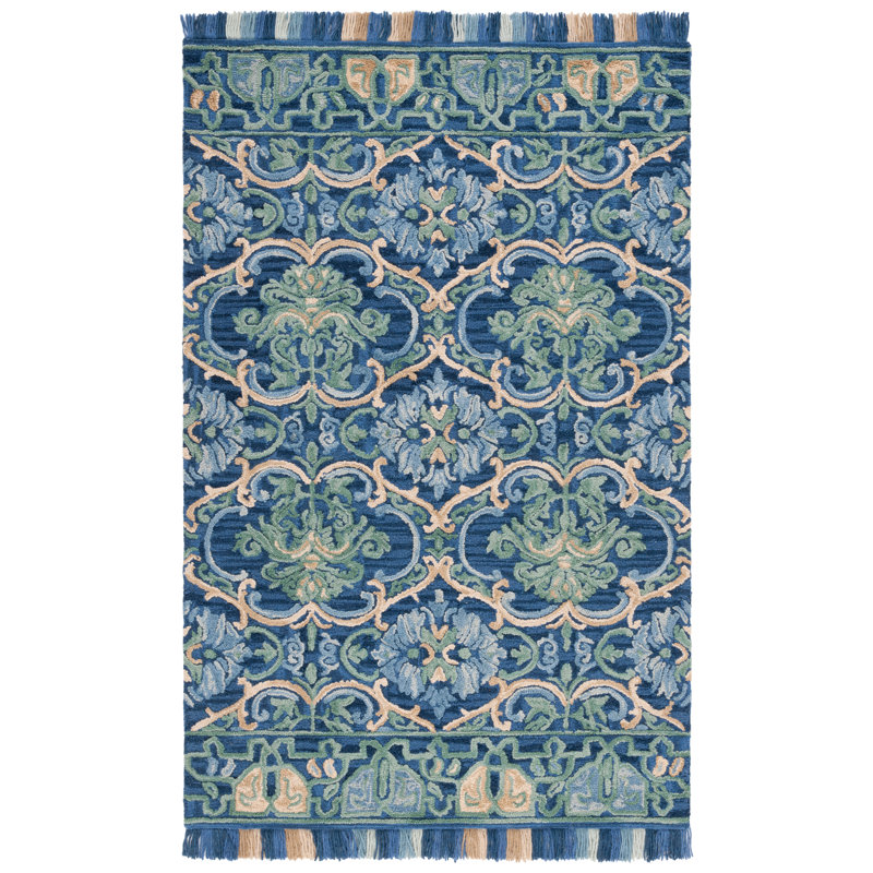 Jahiem Hand-Tufted Wool/Cotton Navy/Green Area Rug, Rectangle 5' x 8'
