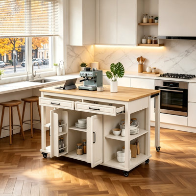 47 Inch Kitchen Island With Extendable Dining Table, Rubber Wood Veneer Top, Rolling Kitchen Cart With Power Outlet, 2 Drawers & Cabinet Storage