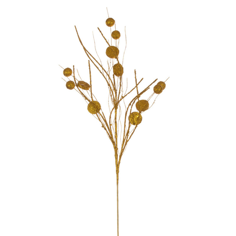 Primrue 33" Ball and Coin Glitter Twig Spray, 6 per bag., Gold