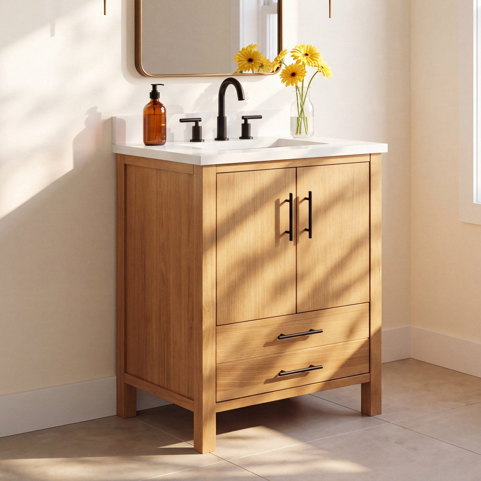 Kiara 24" Carrara Marble Single Bathroom Vanity, Matte White, Blonde
