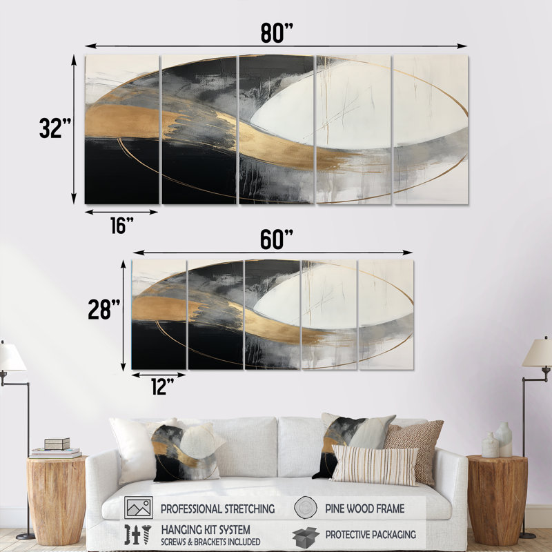 Full Moon Time Balance II - Art mural abstrait 5 pièces, H 32 po x l 80 po
